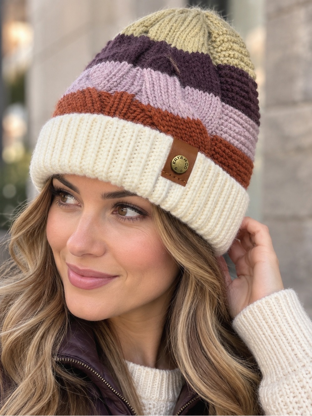Frye & Co Colorblock Cable Knit Cuffed Beanie Rossa Nova NWT One Size